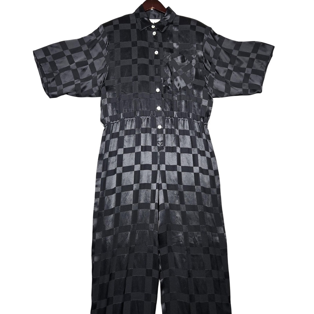 Dennis Goldsmith Jumpsuit Womens Medium Black Checkerboard Jacquard Button Front